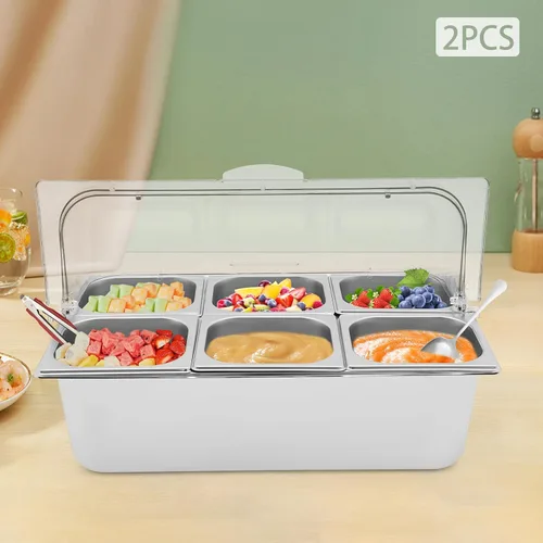 Vista 5 de Recipiente de exhibición de alimentos para encimera con tapa transparente, bandeja de servir de acero inoxidable, suministros de catering