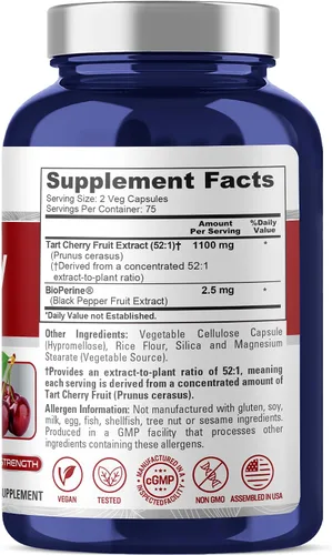 Vista 2 de Cereza ácida, sin OMG, vegano, 1100 mg, 150 cápsulas vegetales - 75 porciones Fórmula herbal, extracto de fruta Prunus Cerasus 52:1, apto