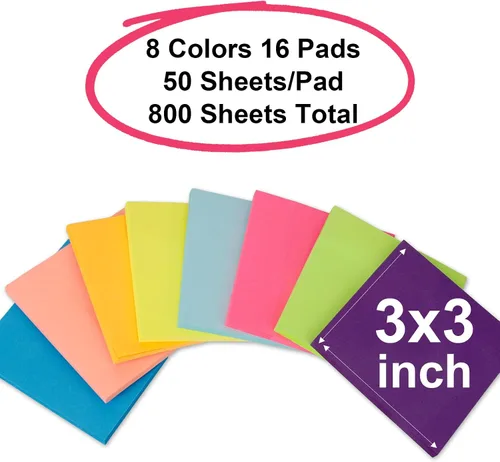 Vista 2 de Notas adhesivas – Pequeñas notas adhesivas de 3 x 3 pulgadas, suministros de decoración de oficina, mini bloc de notas autoadhesivas, pestañas
