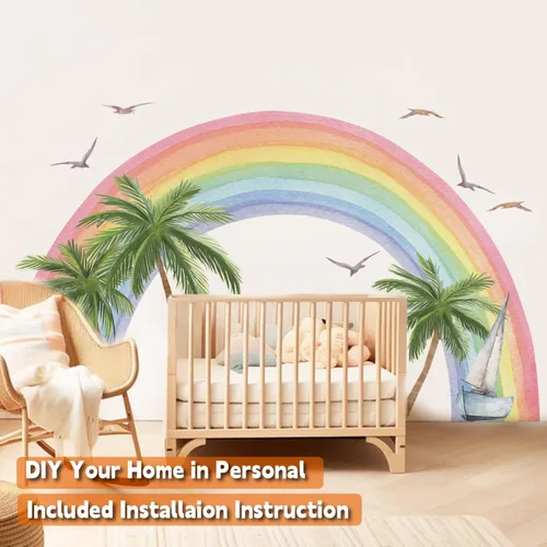 Vista 3 de funlife Calcomanías de Pared de Tela Grandes de Medio Arcoíris Despegar y Pegar para Dormitorio de Niñas, Golden Shores Coco