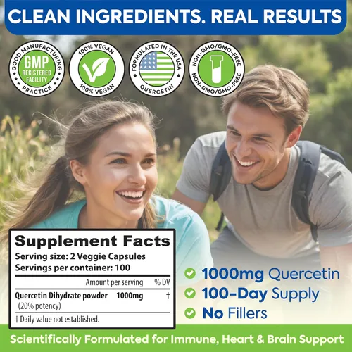 Vista 3 de Quercetina de 1000 mg - 200 cápsulas Apoyo inmunológico, antioxidante para alivio estacional de los senos nasales y salud cardiovascular