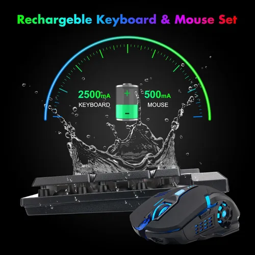 Vista 4 de Teclado inalámbrico y mouse para videojuegos, batería recargable con retroiluminación RGB, combo de jugador, sensación mecánica, anti-fantasma