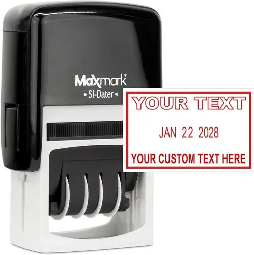Vista 9 de Sello de fecha resistente con texto personalizado, sello autoentintado – 1 pulgada x 1-5/8 pulgadas – elección de color de tinta