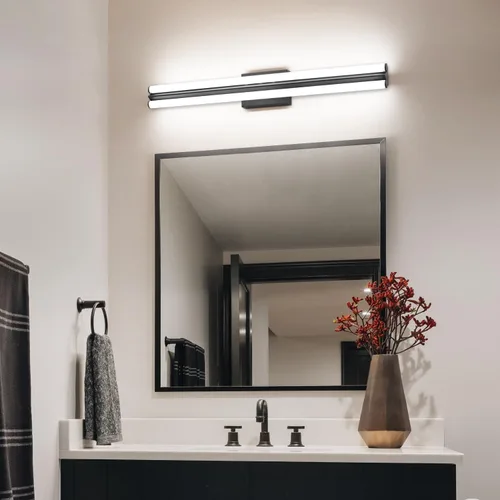 Vista 2 de SOLFART Lámpara de baño negra mate, barra de luz de tocador de 32 pulgadas, luces LED para espejo, luces LED para espejo, luz negra de tocador