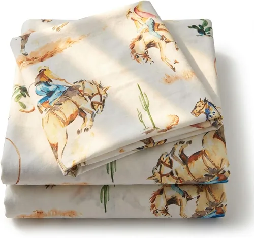 Vista 8 de Rod's True Western Bronco - Juego de sábanas tamaño matrimonial, ropa de cama occidental de 4 piezas, sábanas de algodón con fundas de almohada