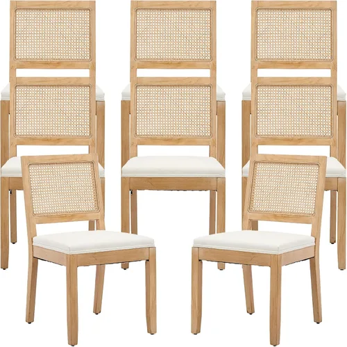 Vista 9 de ODUSE-DAILY Juego de 2 sillas de comedor French Country color beige, sillas de comedor de madera bohemia con respaldo tejido y asiento tapizado