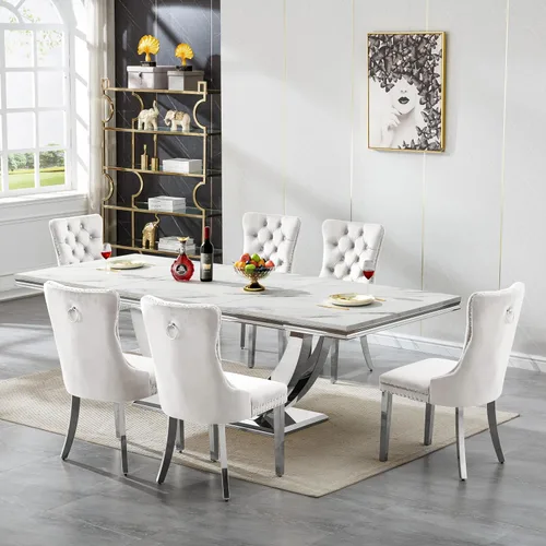 Vista 46 de Mesa de comedor blanca de 68 pulgadas para 4-6, mesa de cocina rectangular moderna con mesa de mármol sintético y base de acero inoxidable plateado