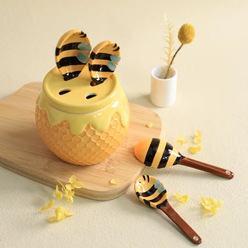 Vista 4 de Sizikato 4 piezas de cucharas medidoras de porcelana con base, lindas cucharas de abeja de cerámica y taza de panal