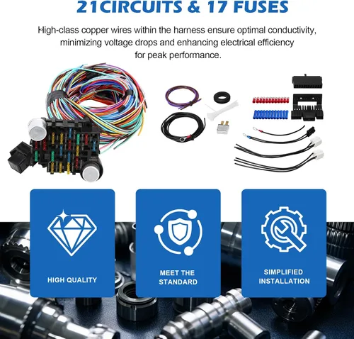 Vista 4 de Kit de arnés de cableado universal – 21 mazos de cableado de circuitos de color estándar kit de reemplazo para Chevy Mopar Hotrods Ratrods Ford