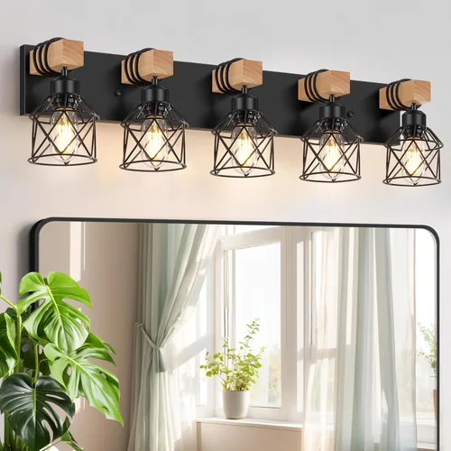 Vista 23 de FadimiKoo Juego de 2 apliques de pared, lámparas de pared de madera de cabecera con interruptor giratorio, lámpara de tocador de baño negra