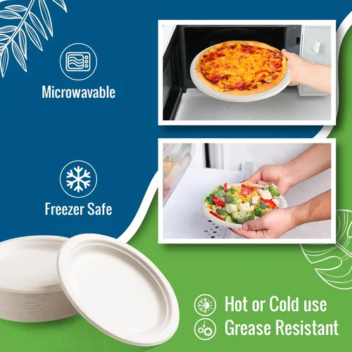 Vista 3 de Platos de papel blanco, 7 pulgadas, 150 unidades, fibra de caña de azúcar de grado alimenticio, compostable y biodegradable, para microondas