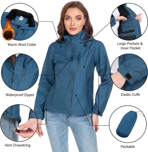 Vista 4 de Chaqueta impermeable plegable para mujer, ligera, impermeable, con capucha, cortavientos para viajes al aire libre, senderismo