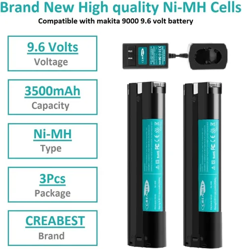 Vista 2 de CREABEST Paquete de 2 baterías Ni-MH de 9.6 V 3500 mAh compatibles con Makita 9000 9001 9002 9033 9600 96003 193890-9 192696-2 632007-4 e incluye un