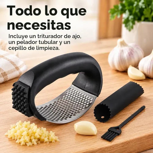 Vista 7 de Rocker Prensa de ajo, acero inoxidable 304, pelador y cepillo, negro