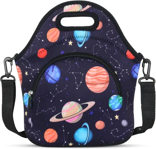 Vista 8 de Violet Mist Lonchera de neopreno reutilizable aislada con correa de hombro ajustable y bolsillo para mujeres, hombres y adultos, lindas bolsas
