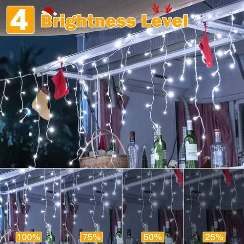 Vista 5 de Ollny Luces de Carámbano para Exteriores Blanco Frío, 600LED 49FT Luces de Navidad con Control Remoto 8 Modos Regulables, Impermeable Conectable