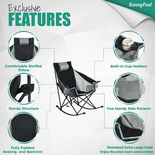 Vista 6 de SUNNYFEEL Silla Mecedora de Camping Paquete de 2, Silla Plegable de Jardín Extragrande para Exteriores con Bolsillo, Resistente