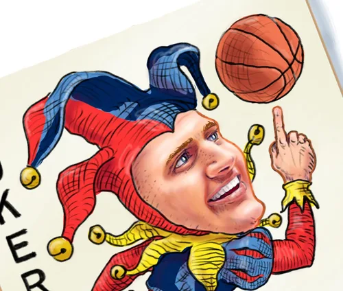 Vista 2 de The Joker - Ilustración de nikola Jokic Nuggets enmarañada, madera de calidad enmarcada y firmada