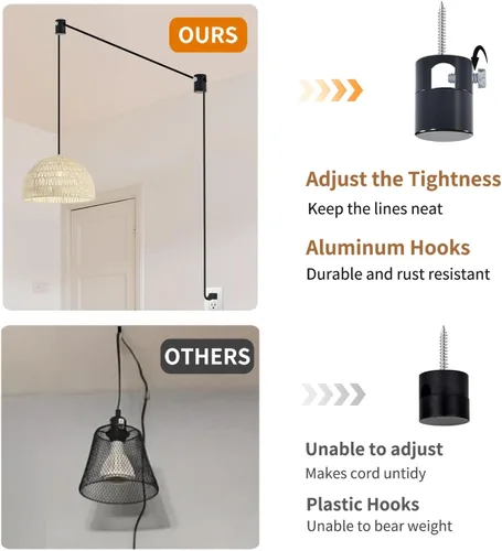 Vista 4 de Paquete de 3 Ganchos de Techo Mejorados, Ganchos de Techo Ajustables de Aluminio para Colgar Luces, Gancho Colgante Negro de Servicio Pesado, Gancho