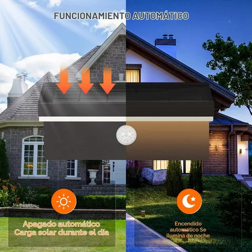 Vista 2 de Lustrlach Luces solares de pared con sensor de movimiento para exteriores, impermeables, LED, aplique de pared solar, negro, del anochecer al