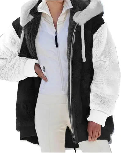 Vista 3 de Chaqueta mullida con cremallera para mujer sudadera de manga larga abrigo de peluche con bolsillos Beige