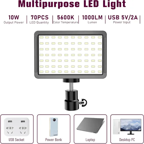 Vista 4 de Kit de Iluminación para Fotografía Luz de Video LED Regulable 5600K USB para Estudio de Video y Transmisión con Soporte de Trípode Ajustable y 9*