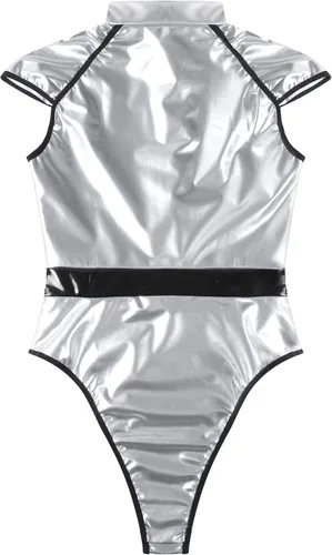 Vista 6 de Sywiyi Traje metálico brillante para mujer, disfraz de Halloween, manga casquillo, con cremallera, tanga, leotardo para fiesta de discoteca