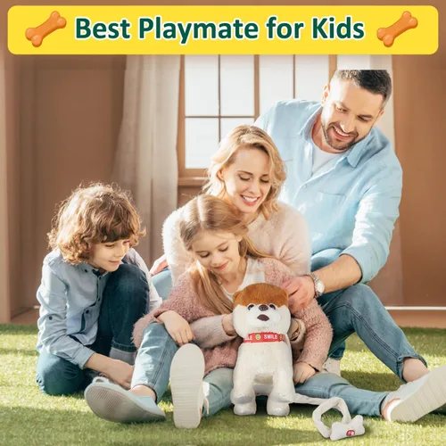 Vista 6 de Marsjoy Juguete de perro musical que camina y baila con correa - Animal de peluche interactivo para niños y niñas Pomerania