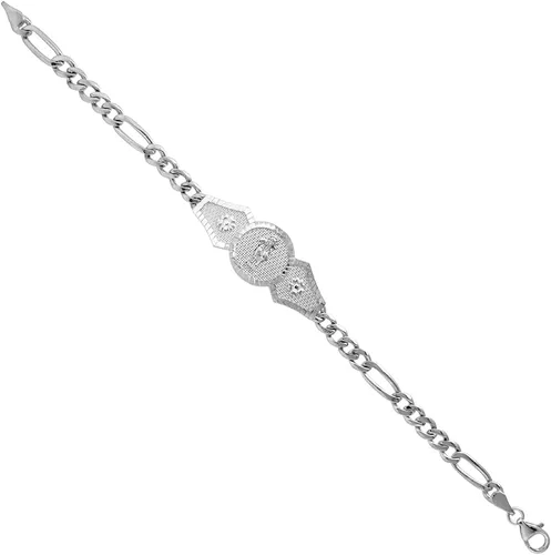 Vista 2 de Pulsera de plata de ley Santa Muerte para mujer con eslabones Figaro de 12 pulgada de ancho, disponible 7-8 pulgadas