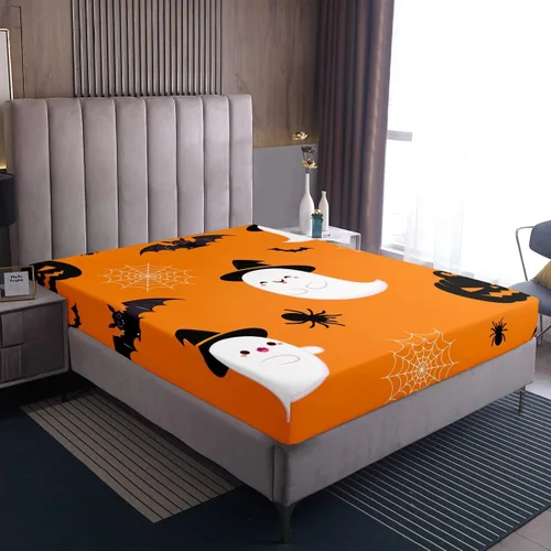 Vista 4 de Erosebridal Divertida sábana bajera ajustable de Halloween para niños, lindo juego de ropa de cama de calabaza fantasma, decoración de Halloween