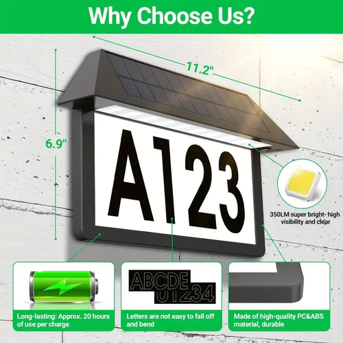 Vista 3 de Lámpara solar de señal de dirección, número de casa luminoso impermeable, 3 temperaturas de color 3000 K/4500 K/6000 K, placa de dirección
