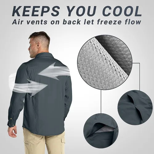 Vista 2 de Outdoor Ventures Camisa de senderismo para hombre con protección solar UPF 50+, manga larga, ligera, de secado rápido, para safari, viajes, pesca