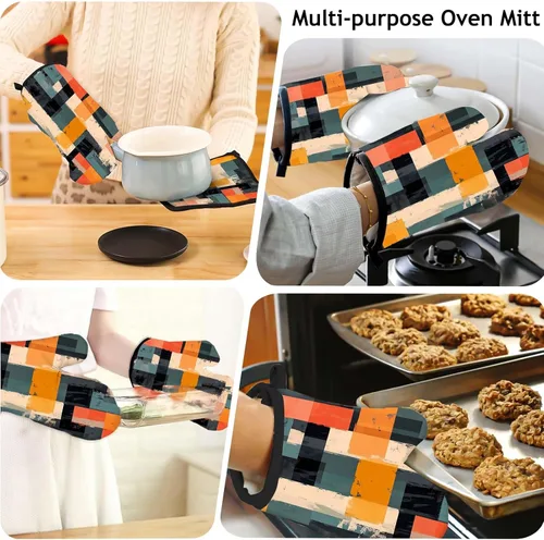 Vista 3 de MCALK Juego de 5 manoplas de horno y soportes para ollas, guantes abstractos para horno y almohadillas calientes para cocina de cocina, manoplas