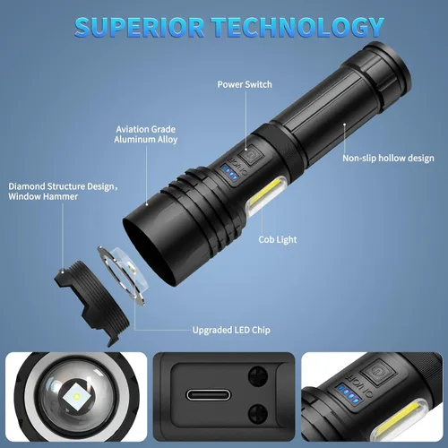 Vista 7 de BEFAMALI Linternas recargables de alto lúmenes, 99000 LM linterna súper brillante con 7 modos, luz de flash potente ajustable con luz COB, linterna