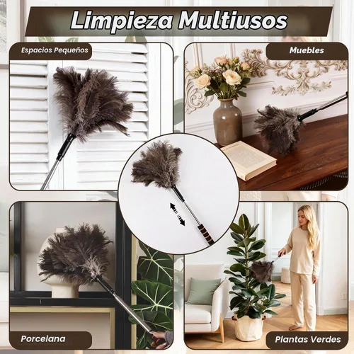 Vista 5 de Plumero extensible de avestruz de 26 a 55 pulgadas, plumero de limpieza natural con agarre de esponja y poste de extensión de acero inoxidable