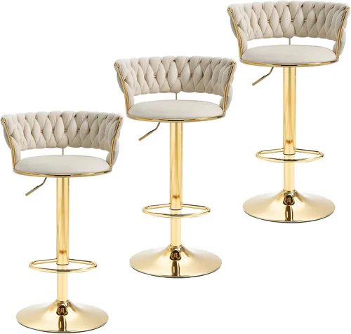 Vista 10 de Taburetes de bar modernos de terciopelo, juego de 3 taburetes de bar giratorios de 360°, altura de mostrador, taburetes de cocina para isla sillas