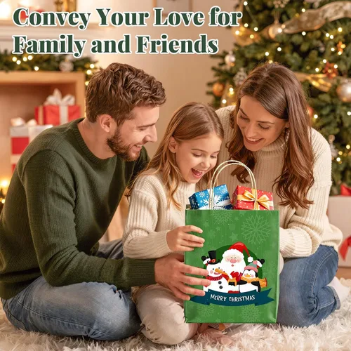 Vista 6 de DeckTheHalls Paquete de 12 Bolsas de Regalo de Navidad con 12 Estampados Elegantes, Bolsas Tote de Navidad con Asa Resistente, Bolsas de Regalo