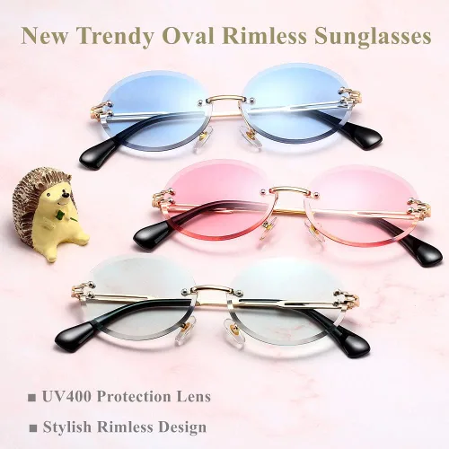 Vista 5 de LASPOR Gafas de sol ovaladas retro para mujeres y hombres a la moda vintage de metal dorado sin marco lentes tintados protección UV400