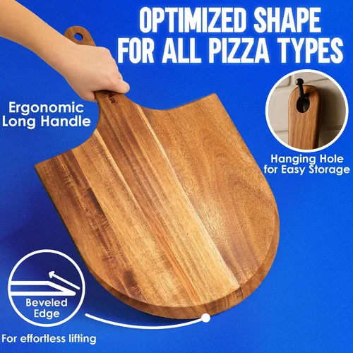 Vista 3 de KitchenStar Pela de pizza de madera de acacia de 14 pulgadas – Tabla grande de madera para cortar y servir con mango – Acabado de aceite natural