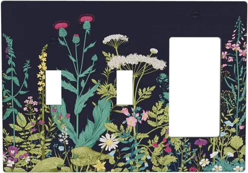 Vista 44 de Placa de Pared en Blanco de 1-Gang Sin Dispositivo Beige Lindo Vintage Boho de los 70s Hongo Fungus Planta Floral Botánica Libélula Interruptor