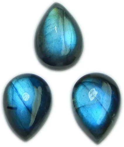 Vista 3 de Natural Calibrated 10x14mm Pear Shape Blue Fire Labradorite Cabochon Loose Gemstone 3pcs Box. for Healing Wellness and Jewelry Making.