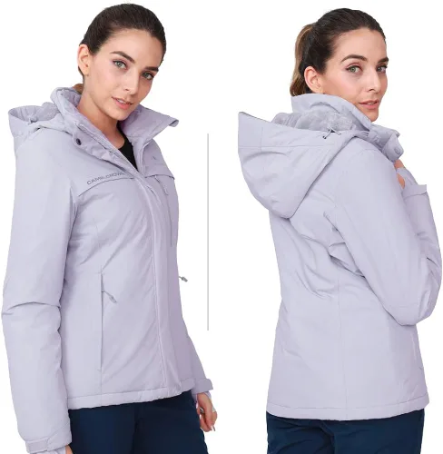 Vista 5 de CAMEL CROWN - Chamarra de esquí para mujer, impermeable, con capucha desmontable, rompevientos, forro polar, parka para lluvia