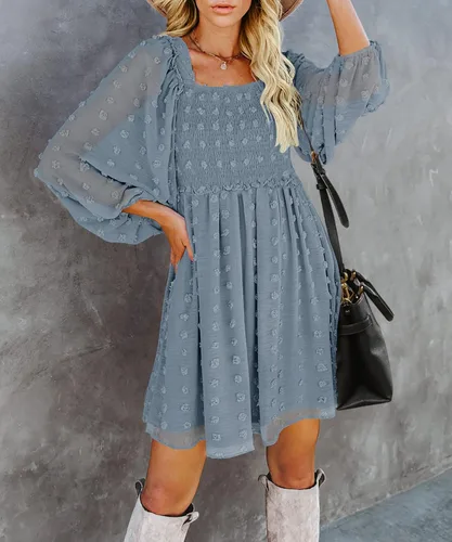 Vista 2 de ZESICA Vestido corto de verano para mujer, manga larga, cuello cuadrado, lunares suizos, fluido, acampanado, fruncido, babydoll