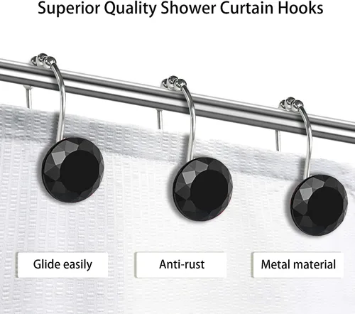Vista 4 de Ganchos de cortina de ducha de cristal negro con diamantes para baño, 12 unidades, anillos de acero inoxidable plateados a prueba de óxido, colgador