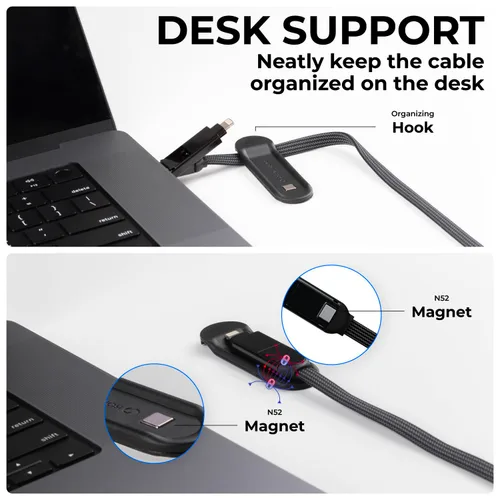 Vista 5 de Rolling Square inCharge XL Cable de carga múltiple 6 en 1 con carga ultrarrápida de 100W, cable USB y USB-C portátil, 6.5 pies/2m, Negro Urbano