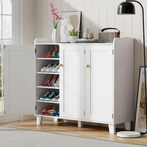 Vista 8 de Zapatero de estante plano con puertas, armario de almacenamiento de zapatos de 6 niveles con estantes ajustables, zapatero de madera para zapatos