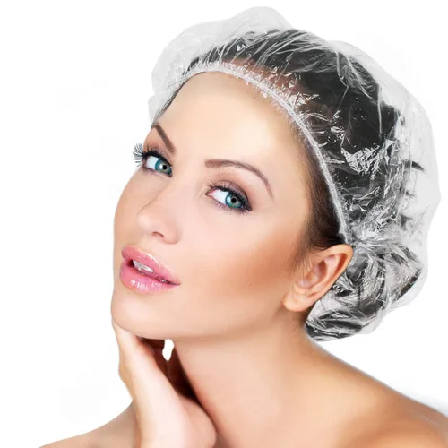 Vista 7 de 100 piezas de gorras de ducha más grandes desechables, gorras de baño de plástico elástico impermeables más gruesas, gorras de pelo de plástico