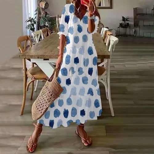 Vista 4 de QFVZHY Women's Summer Dresses 2023 V-Neck Tassel Wooden Sleeve Short Printed Bohemian Long Dress Dresses, S-3XL