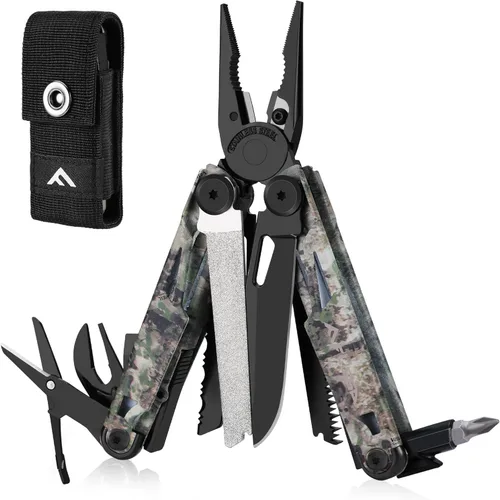 Vista 9 de FLISSA Multiherramienta, cuchillo de bolsillo multiherramienta 15 en 1 con funda, alicates multiherramienta EDC de acero inoxidable para hombres