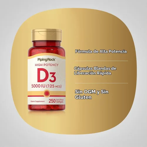 Vista 4 de Piping Rock Vitamina D3 5000 UI (125 mcg) 250 cápsulas blandas Suplemento de alta potencia para hombres y mujeres Sin OMG, sin gluten